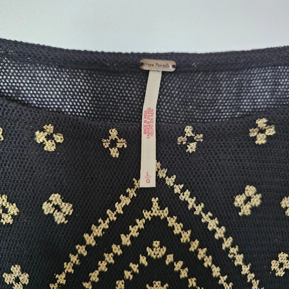 Free People Poncho L Women Black Gold Metallic Lightweight Oversized Draped Chic